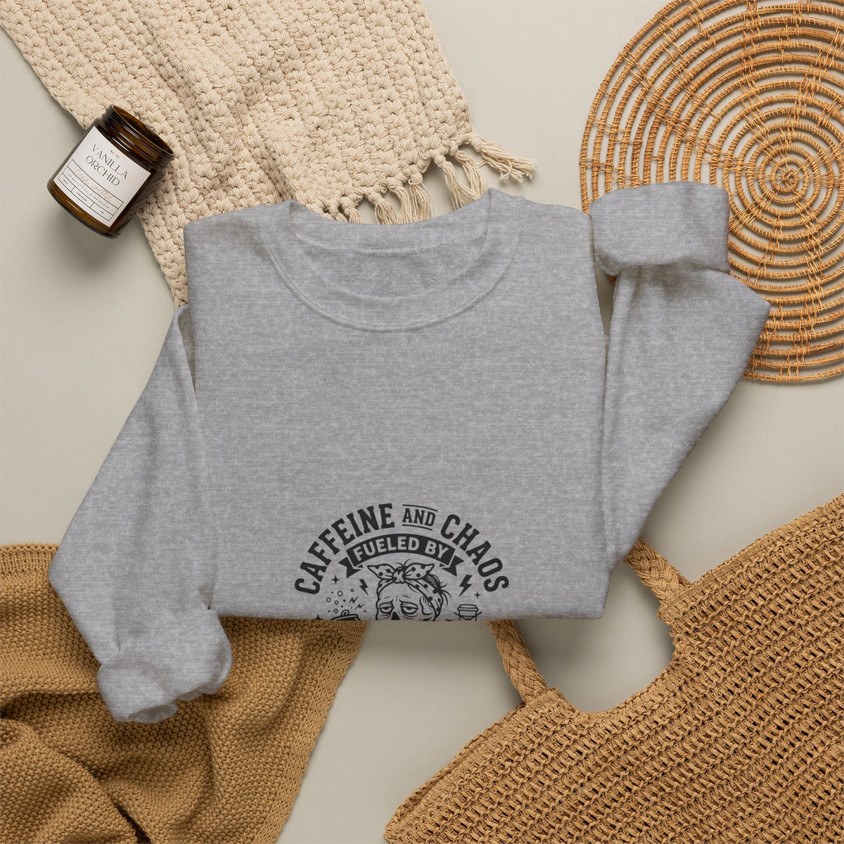 Mom Life Crewneck Sweatshirt — "Caffeine and Chaos" Energy Drinks Graphic