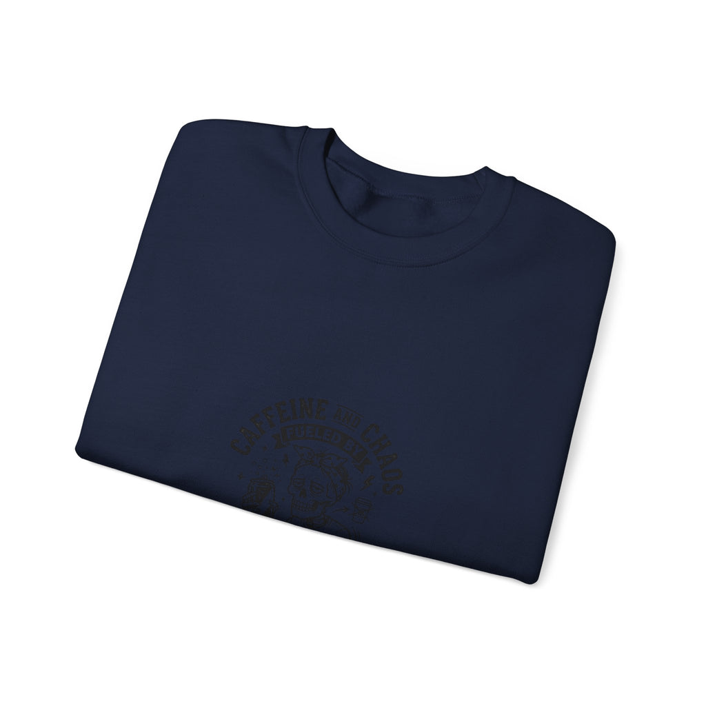 Mom Life Crewneck Sweatshirt — "Caffeine and Chaos" Energy Drinks Graphic