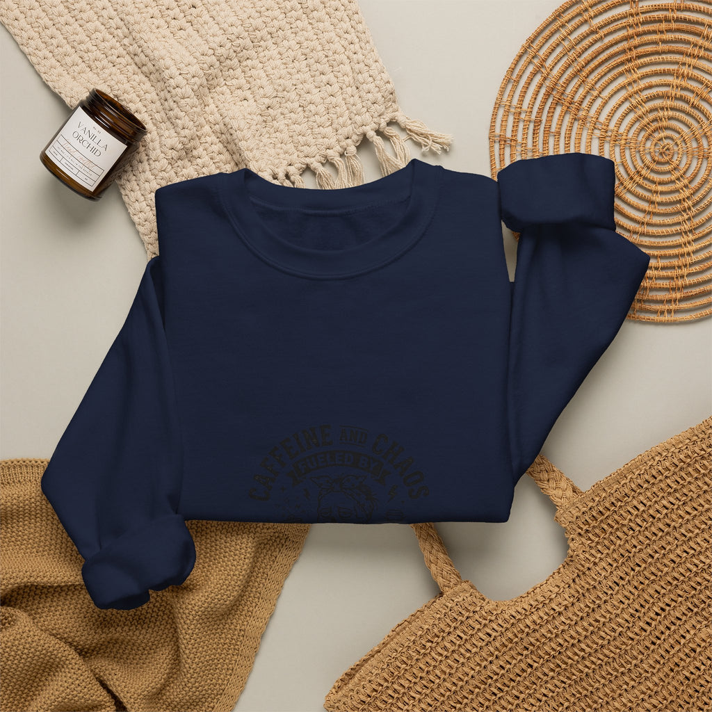 Mom Life Crewneck Sweatshirt — "Caffeine and Chaos" Energy Drinks Graphic