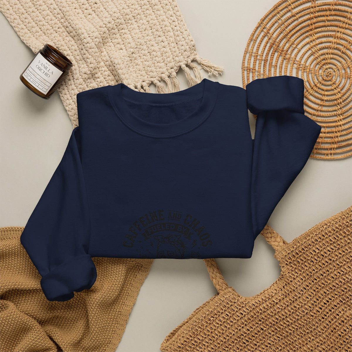 Mom Life Crewneck Sweatshirt — "Caffeine and Chaos" Energy Drinks Graphic