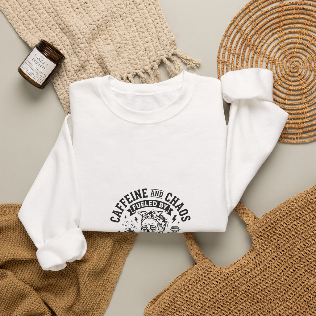 Mom Life Crewneck Sweatshirt — "Caffeine and Chaos" Energy Drinks Graphic