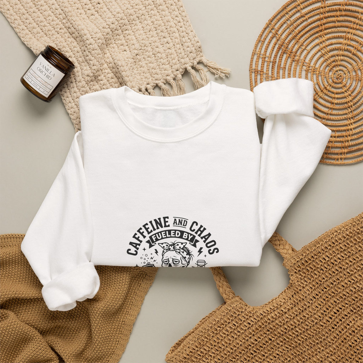 Mom Life Crewneck Sweatshirt — "Caffeine and Chaos" Energy Drinks Graphic