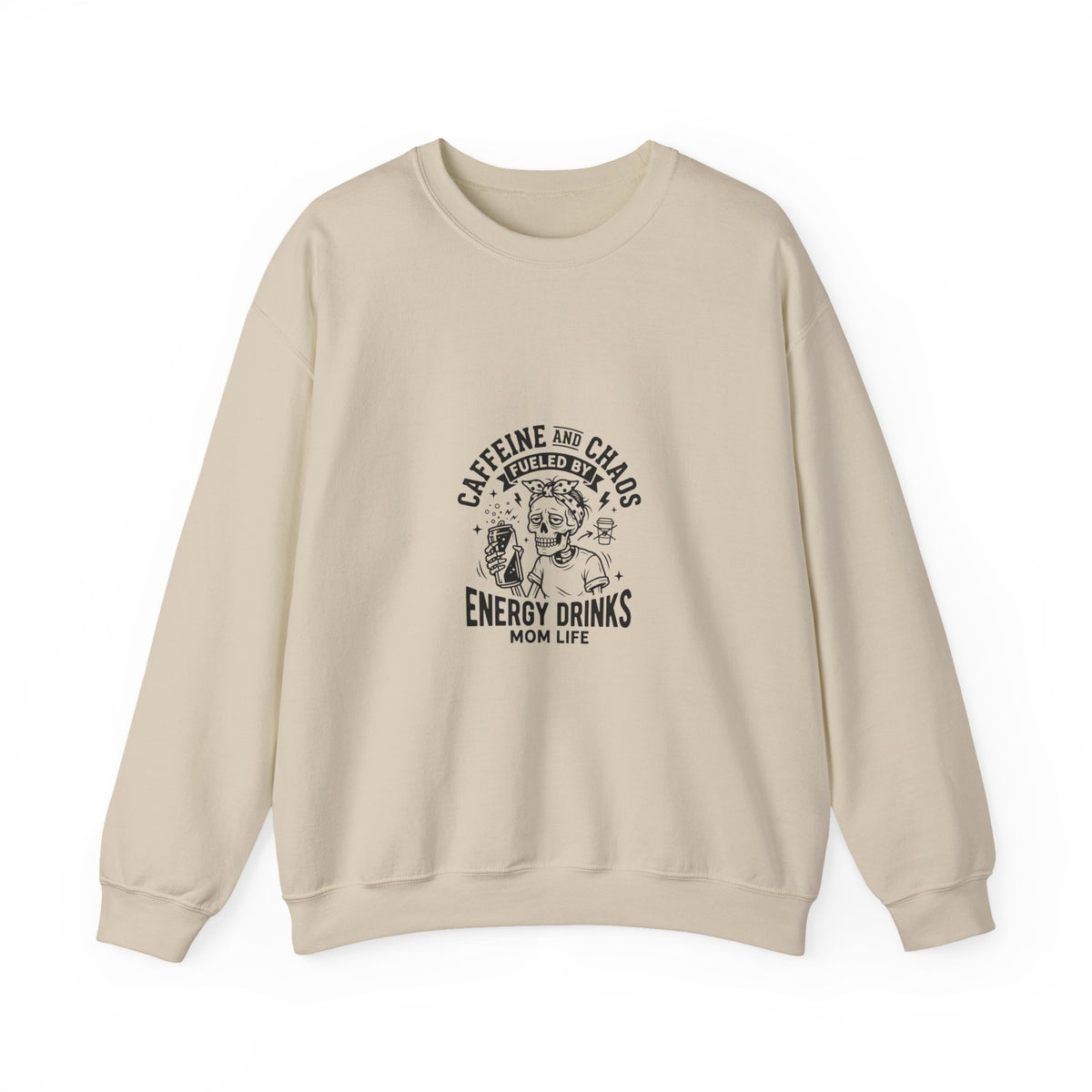 Mom Life Crewneck Sweatshirt — "Caffeine and Chaos" Energy Drinks Graphic