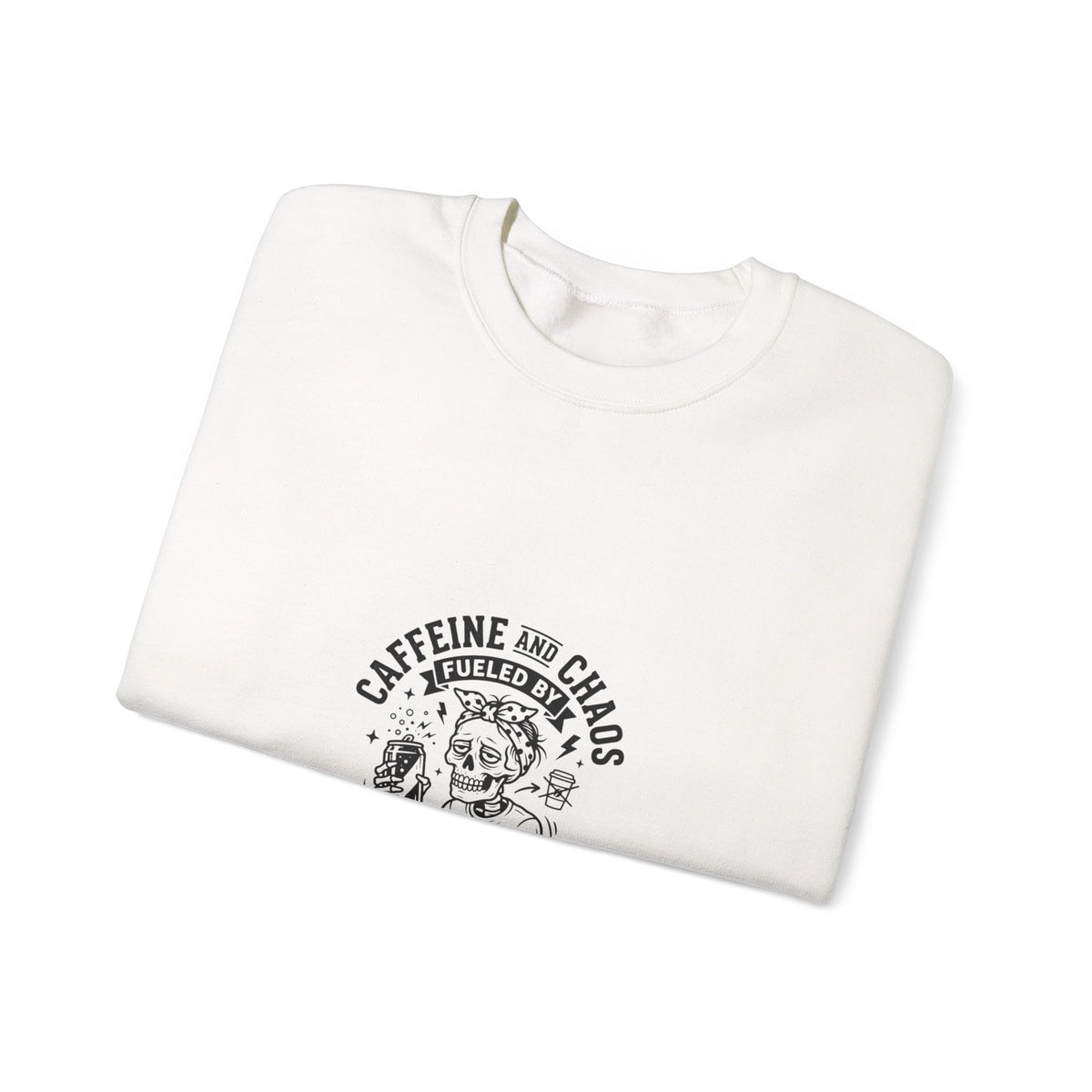 Mom Life Crewneck Sweatshirt — "Caffeine and Chaos" Energy Drinks Graphic