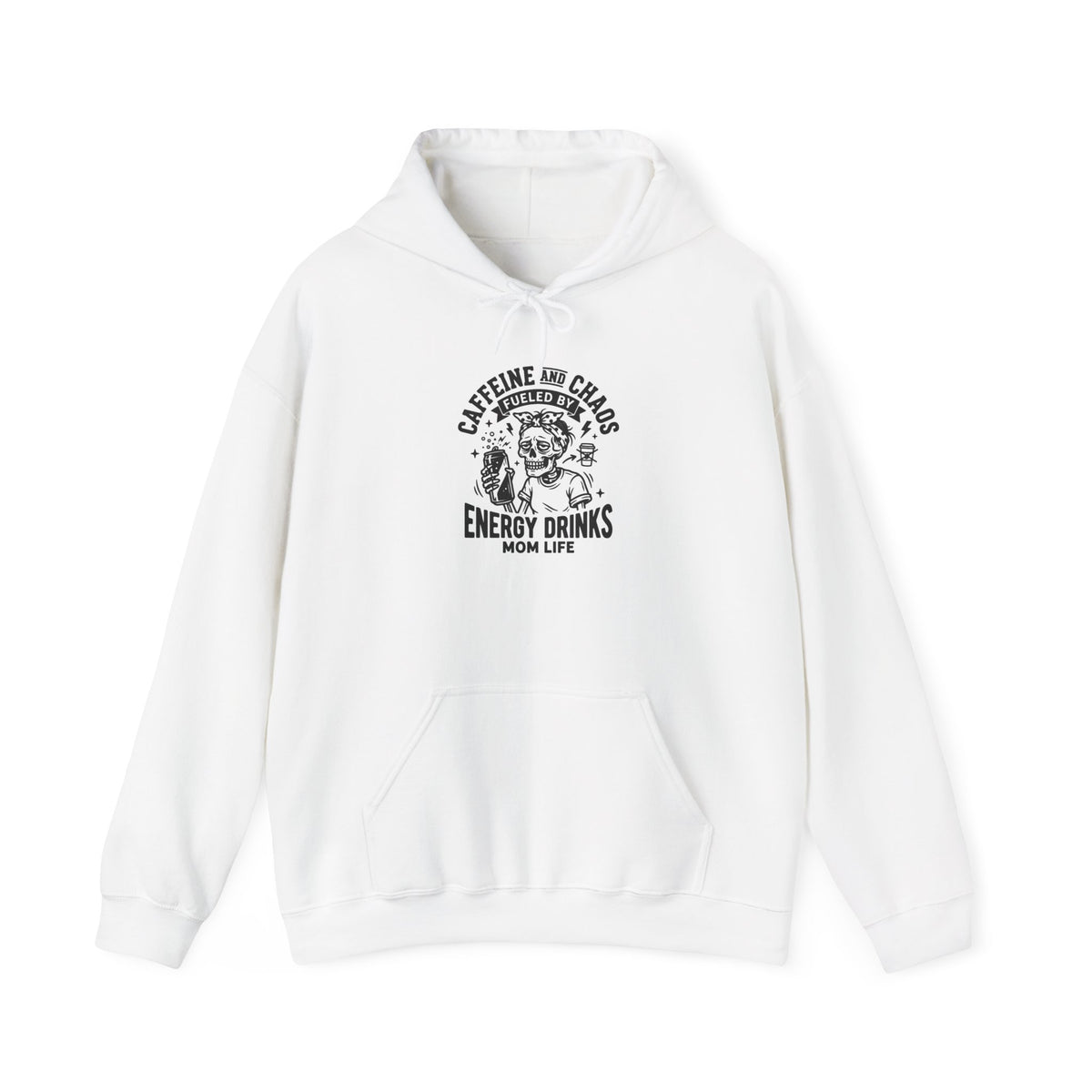 Mom Life Hoodie — “Caffeine and Chaos” Energy Drink Mom Sweatshirt