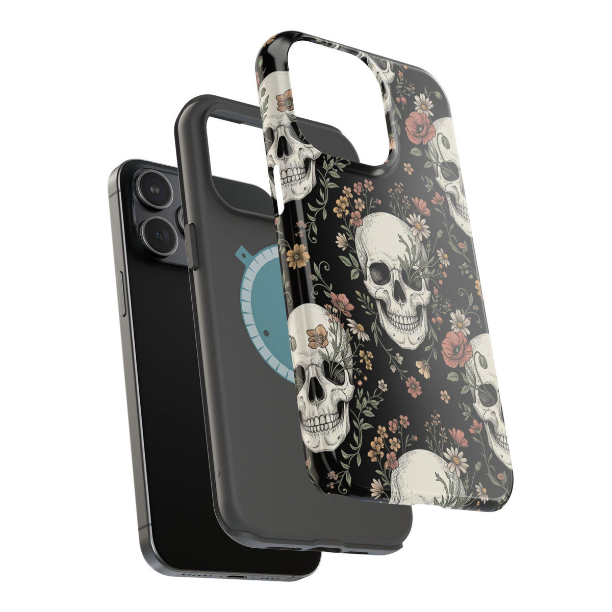 Skull & Floral Magnetic Phone Case — Impact-Resistant iPhone Cover