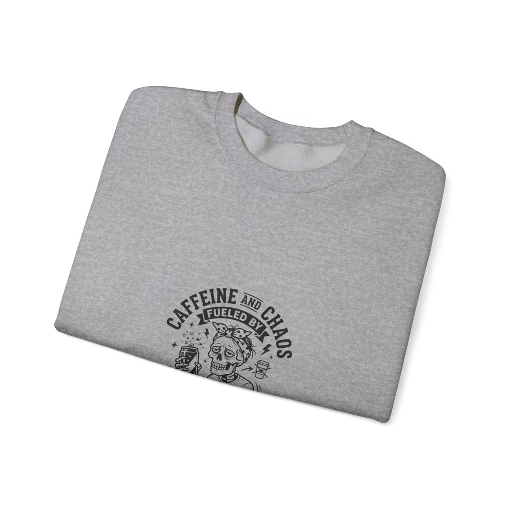 Mom Life Crewneck Sweatshirt — "Caffeine and Chaos" Energy Drinks Graphic