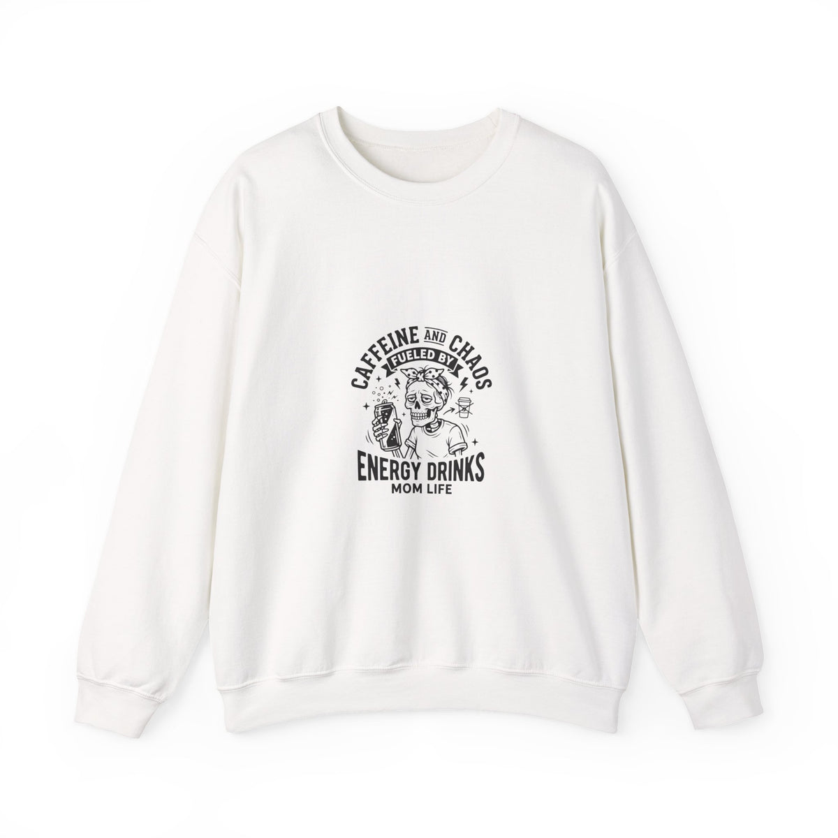 Mom Life Crewneck Sweatshirt — "Caffeine and Chaos" Energy Drinks Graphic