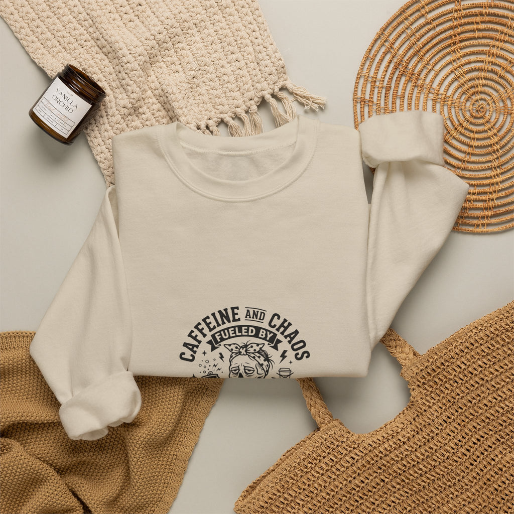 Mom Life Crewneck Sweatshirt — "Caffeine and Chaos" Energy Drinks Graphic