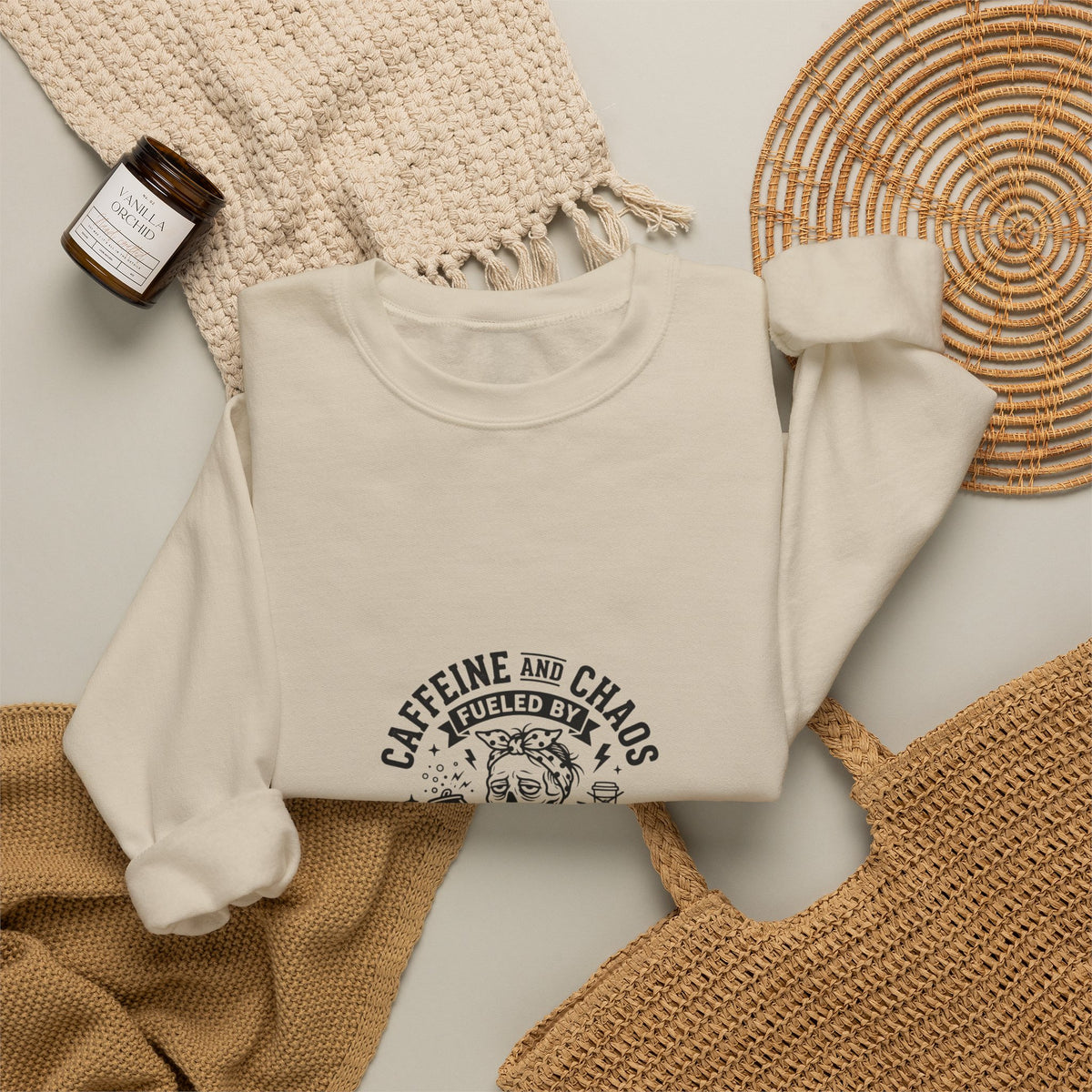 Mom Life Crewneck Sweatshirt — "Caffeine and Chaos" Energy Drinks Graphic