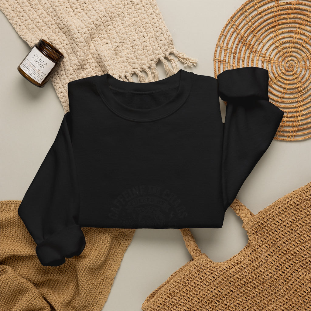 Mom Life Crewneck Sweatshirt — "Caffeine and Chaos" Energy Drinks Graphic