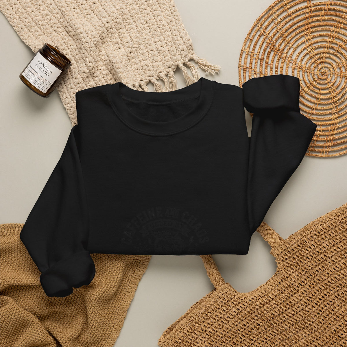 Mom Life Crewneck Sweatshirt — "Caffeine and Chaos" Energy Drinks Graphic