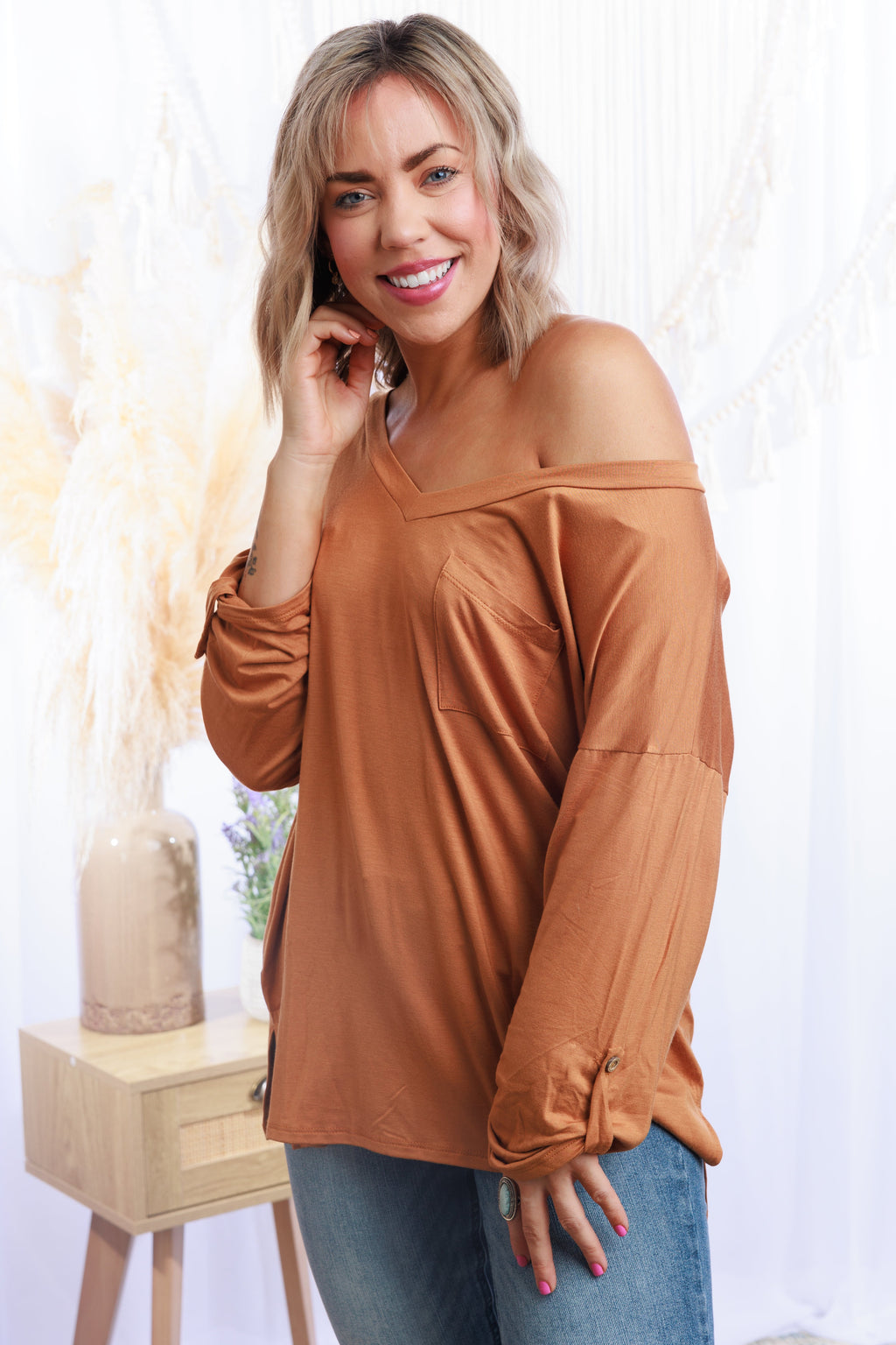 Golden Hour Attitude Mustard V-Neck Pocket Top